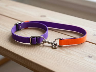 Stylish dog collar and leash set on a modern wooden surface, natural light, soft shadows, vibrant orange accent.