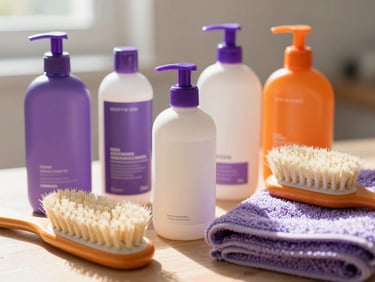 Grooming products for pets, shampoo bottles, brushes, soft towels, warm natural daylight, shallow depth of field, 35mm