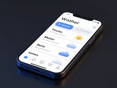 Sleek 3D digital render of a mobile phone screen showing a typographic weather app layout, dark moody studio lighting with electric blue edge-glows, macro depth of field