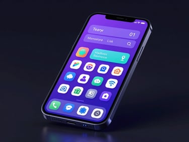 Sleek 3D render of a smartphone displaying a gesture-driven custom Android launcher, glowing violet and cyan interface elements, dark studio background, ultra-detailed UI