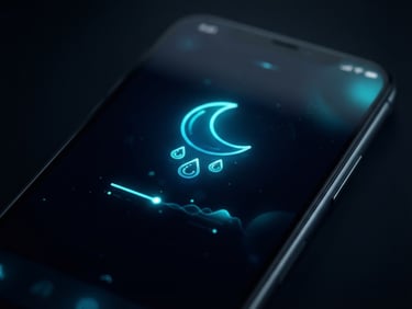 Sleek 3D digital render of a mobile screen showcasing a minimalist weather interface, dark moody studio lighting, electric cyan glow, macro depth of field