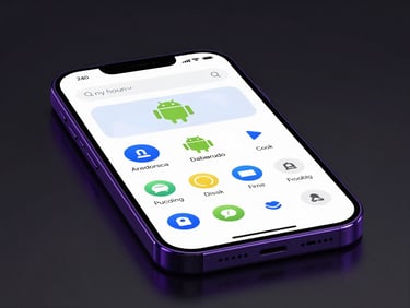 Sleek 3D digital render of a mobile phone screen displaying a custom Android launcher interface, dark moody studio lighting with electric violet edge-glows, macro depth of field