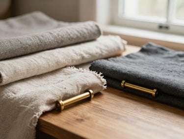 Close-up of premium textured linen fabrics and brushed brass hardware details arranged on an oak surface, soft daylight