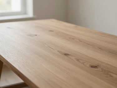 Close-up of premium natural oak timber grain on a bespoke dining table, soft natural window light, muted beige tones, shallow depth of field, 35mm lens.