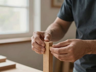 A craftsman's hands carefully aligning a solid oak joint, warm natural light, shallow depth of field