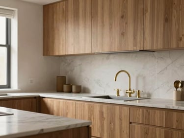 A bespoke modular kitchen with warm timber cabinets, brushed brass fixtures, and a seamless marble countertop, soft lighting