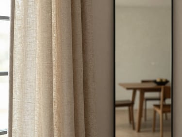 Close-up of tactile styling details, soft linen curtains, a custom mirror reflecting a minimalist dining table, warm editorial photography
