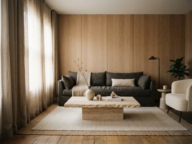 An elegant minimalist living room with natural oak wall panels, soft beige linen curtains diffusing warm daylight, a low travertine coffee table, 35mm photography