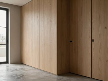 Architectural-grade spatial design, soft daylight hitting oak joinery and polished concrete floor, minimalist interior detailing