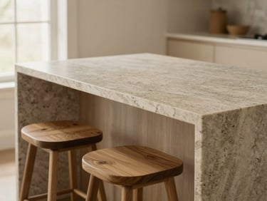 Detail shot of a custom kitchen island made of honed travertine stone, paired with warm oak stools, soft natural light.