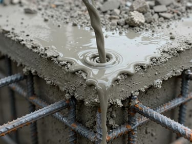 Extreme close-up of wet concrete being poured into form, aggregate and rebar visible below the surface, natural daylight, documentary detail framing, no people