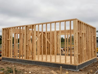 Wide shot of a home addition framing mid-construction, new wall studs butting against existing exterior cladding, overcast natural daylight, no people, raw site conditions