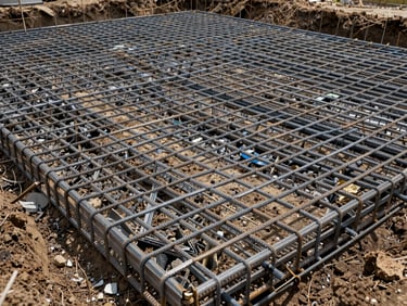 Close-up environmental shot of rebar grid laid in an ADU foundation excavation, aggregate and compacted soil visible at edges, natural overcast daylight illuminating the steel mesh pattern, wide framing showing the full footprint of the foundation form