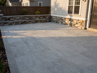 Wide environmental shot of a completed paver patio and retaining wall in a residential backyard, natural golden-hour exterior light, no people, full scope of finished hardscape visible