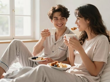 A young couple sharing breakfast in bed, smiling, wearing matching high-quality neutral-toned loungewear, warm morning sun