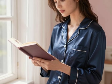 An elegant woman reading a book by a sunlit window, wearing premium navy blue silk sleepwear, soft focus
