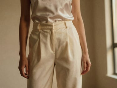 Medium-close detail shot of a model in motion, wearing a cream satin slip top and wide-leg trousers, focus on the fluid draping of the fabric, warm diffused golden-hour light, 35mm film.