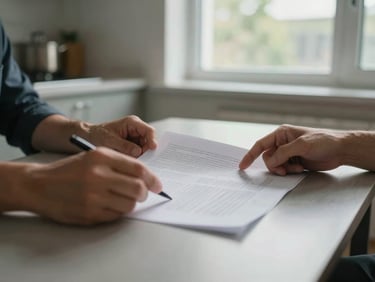Two people seated at a kitchen table reviewing printed documents, hands visible pointing at a page, natural daylight through a window, no faces shown, quiet working moment