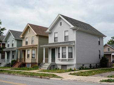 Neighborhood street corner in an older Indiana town, a mix of Victorian and bungalow homes visible, overcast natural light, no people present, quiet documentary feel