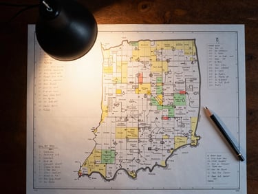 Overhead view of a printed Indiana county map with handwritten notes in the margins and a few properties circled in pencil, warm desk lamp light, no digital screens visible