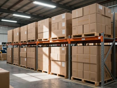 Wide environmental shot of warehouse shelving stacked with boxed paper inventory, hard overhead fluorescent light casting strong grid shadows, no people, industrial and ordered