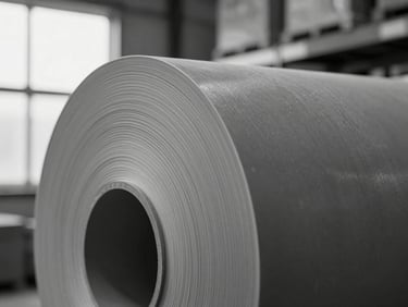 Tight close-up of thermal roll surface showing the smooth matte finish and roll edge, hard directional north-window light, monochrome, warehouse shelf visible softly in background