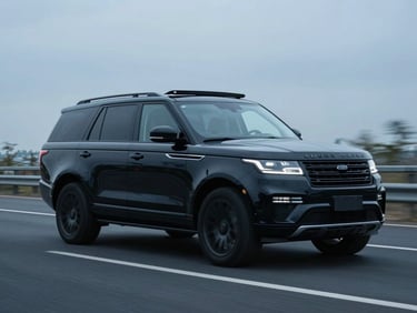 Dark-toned executive transport SUV (black, armored) in transit on a highway, cool overcast daylight, wide environmental shot, deep charcoal and steel blue tones. Sharp focus, 35mm lens.