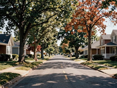 Warm editorial shot of a quiet tree-lined residential street in Rockford, natural daylight, 35mm lens