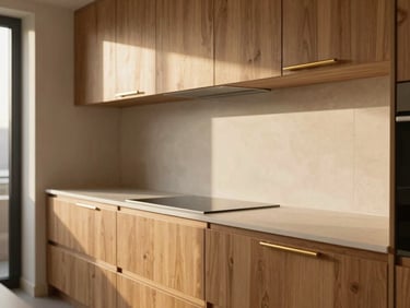 Detailed shot of a minimalist modular kitchen with custom teak cabinetry and integrated brass handles, warm golden-hour light, cream and charcoal tones, architectural lens, 35mm
