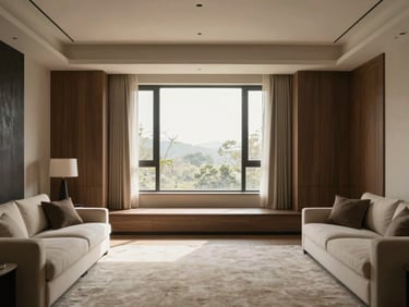Expansive modern Indian living room with custom joinery, warm neutral tones, soft window light, architectural lens, 35mm