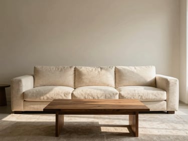 Wide-angle shot of a minimalist Indian living room, low-slung custom sofa in cream fabric, warm morning light, architectural lens, teak coffee table, soft shadows