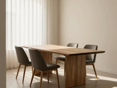 Sunlit minimalist dining area with a large custom wooden table, elegant chairs, subtle brass accents, cream and charcoal tones