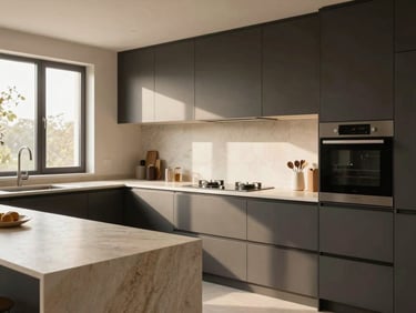Sleek modular kitchen with dark cabinetry, integrated appliances, natural stone countertop, soft morning light, architectural lens