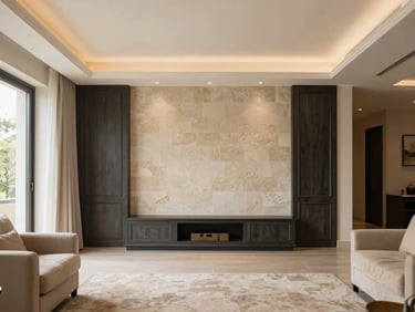 Architectural shot of a spacious Indian living room, featuring a custom stone wall and tailored joinery, soft indirect light, cream and charcoal tones, architectural lens, 35mm
