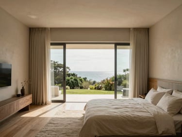 Wide-angle architectural shot of a minimalist master bedroom in a coastal villa, natural wood, linen textures, soft indirect morning light, expansive window overlooking lush greenery, cream and charcoal tones, 35mm lens, warm editorial interior photography.