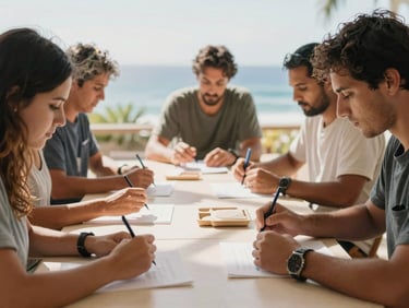 Warm editorial photography of a collaborative workshop in the Canary Islands, bright natural Atlantic daylight, people working together around a table with soft shadows, 35mm, shallow depth of field