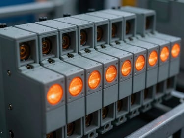 Close-up of industrial electrical relays mounted on a DIN rail, vivid orange indicator lights, technical precision.