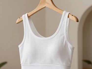 Close-up de um top Even Wellness branco, tecido de malha dupla com textura sutil, pendurado em um cabide de madeira minimalista, luz natural suave, fundo neutro.