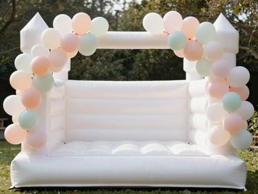 Minimalist pristine white bounce castle set up outdoors in a beautiful garden, decorated with a clean organic arch of pastel balloons, soft morning light.