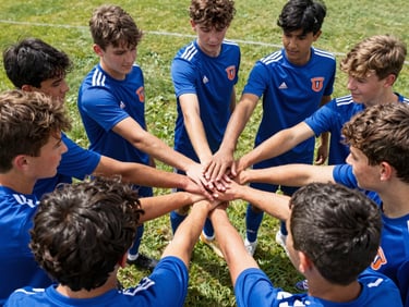 Candid group huddle of youth soccer players in royal blue jerseys on a grass field in Ohio, hands stacked in the center, bright daylight, 35mm.