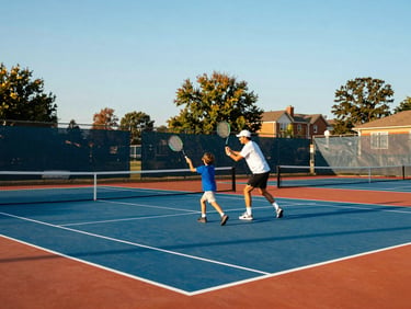 An outdoor public tennis court in Ohio, a local volunteer coach showing a young child how to swing a racket, warm golden hour lighting, 35mm.