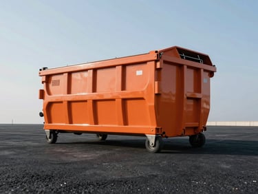 Low-angle architectural shot of a pristine safety-orange roll-off dumpster placed perfectly on fresh black asphalt, bright morning sunlight casting crisp shadows, clean background.