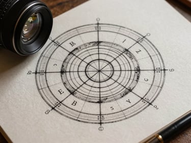 Overhead flat-lay of an ink drawing depicting pythagorean numerology grids and geometric calculations on textured paper