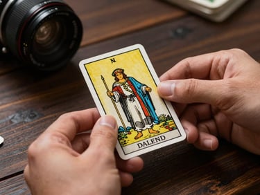 Close-up of hands holding a single classic tarot card on a dark wooden table, sharp side-lighting