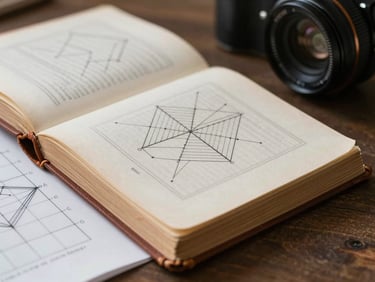 A close-up of a worn leather-bound book open to a page with geometric diagrams, next to a heavy cotton chart