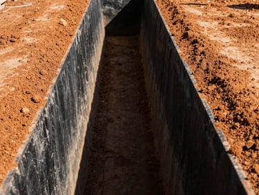 Deep, narrow, perfectly straight foundation trench, clean soil, bright natural daylight, high-contrast black and orange tones