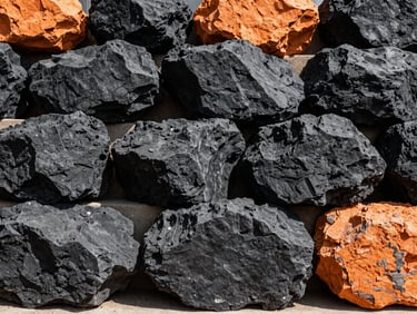 Precisely placed large rocks forming a retaining wall, clean edges, bright natural daylight, high-contrast black and orange tones