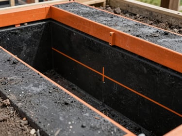 Clean, precise trenching for a house foundation, laser level visible, bright natural daylight, high-contrast black and orange tones