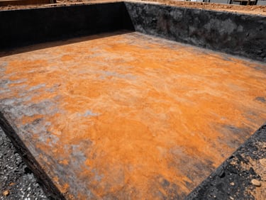 Excavated pool area with perfectly smooth and level base, ready for construction, bright natural daylight, high-contrast black and orange tones