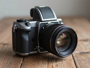 A close-up of a medium format camera sitting on a rustic wooden table, soft side light, desaturated tones